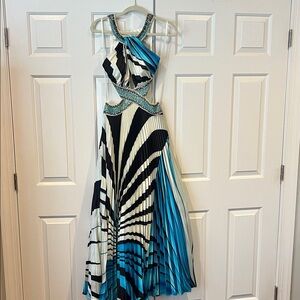 Elegant Backless Striped Dress - Blue and Black